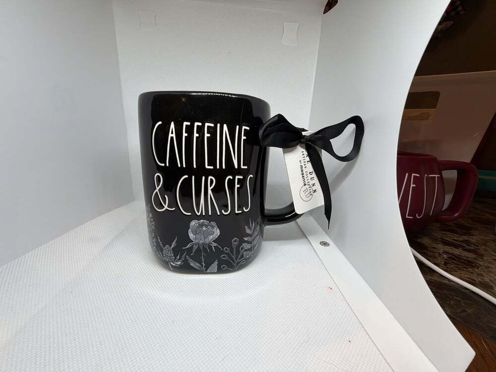 Rae Dunn Caffeine & Curses Moon and Floral Black Ceramic Coffee Mug